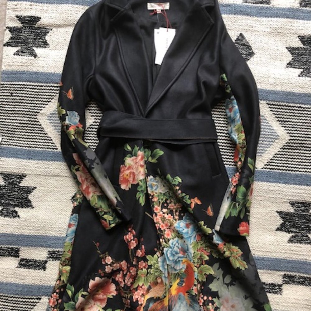Solitaire black and floral print long coat - M